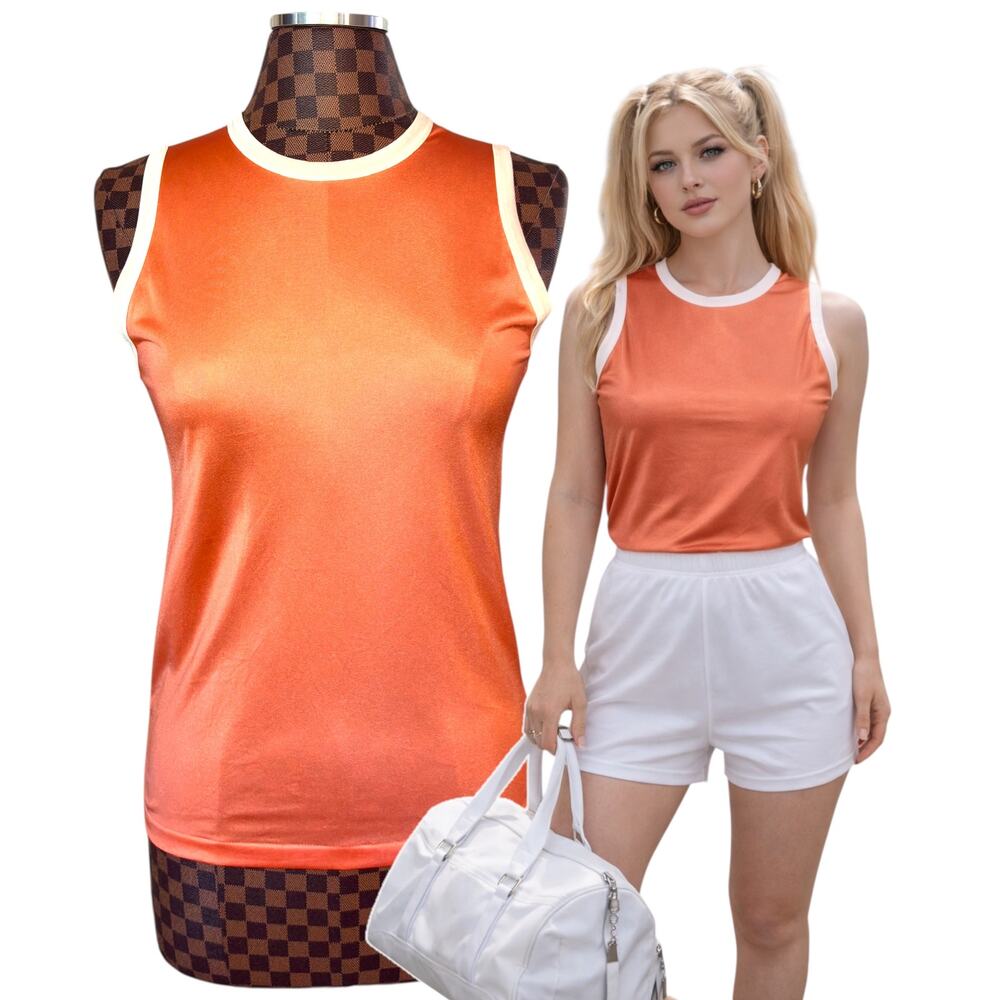 Coral Satin Ringer Tank Top Ladies Size Small Retro Tenniscore Shiny Satin Vtg